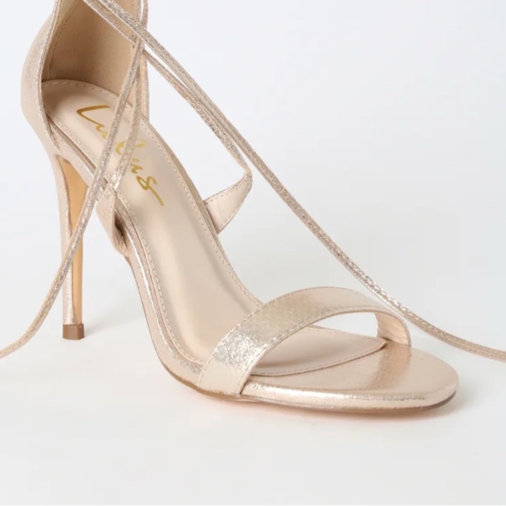 Lulus Aimee Champagne Metallic Lace-Up Heels
Gold Glam Black Tie NYE shoes - Picture 4 of 15